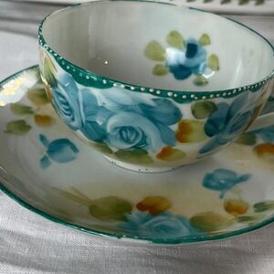 Handpainted Tea Cup And Saucer Blue Teal Aqua & Hand Dotted Rim